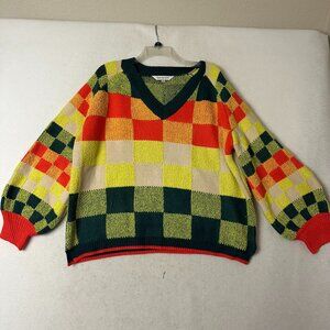 Davi & Dani sweater sz L patchwork bright colors v neck large squares orange